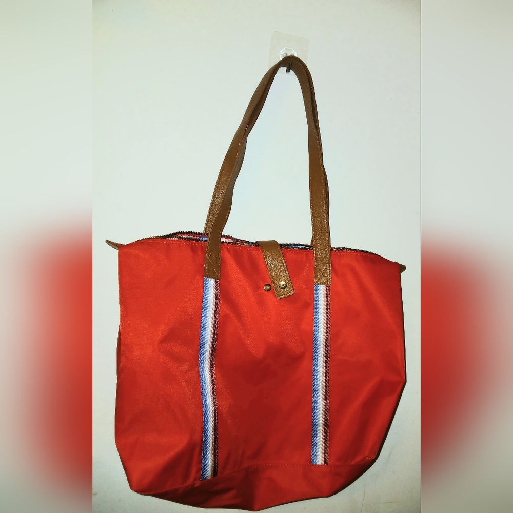 EV1 Foldable Stylish Red Tote Bag with Brown Handles